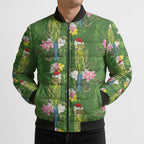 Aussie Santa Budgie Christmas Bomber Puffer Jacket Green Parakeet Tropical Floral
