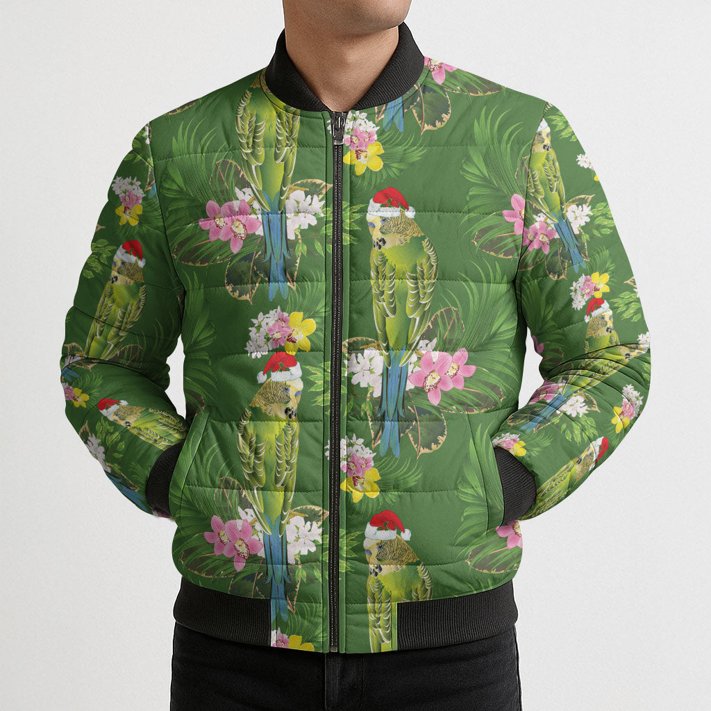 Aussie Santa Budgie Christmas Bomber Puffer Jacket Green Parakeet Tropical Floral