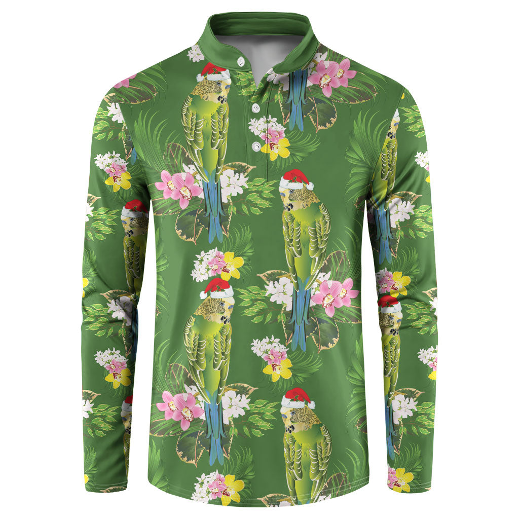 Aussie Santa Budgie Christmas Button Sweatshirt Green Parakeet Tropical Floral