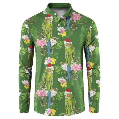 Aussie Santa Budgie Christmas Button Sweatshirt Green Parakeet Tropical Floral