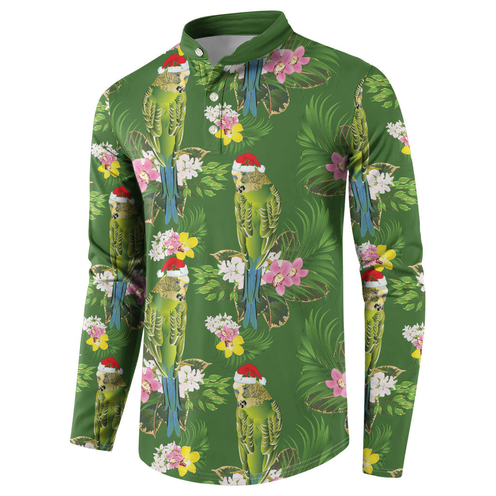 Aussie Santa Budgie Christmas Button Sweatshirt Green Parakeet Tropical Floral