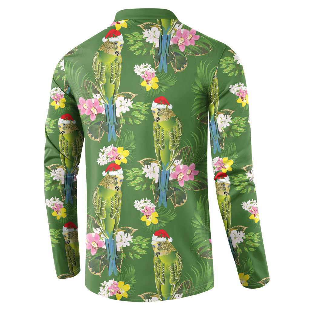 Aussie Santa Budgie Christmas Button Sweatshirt Green Parakeet Tropical Floral