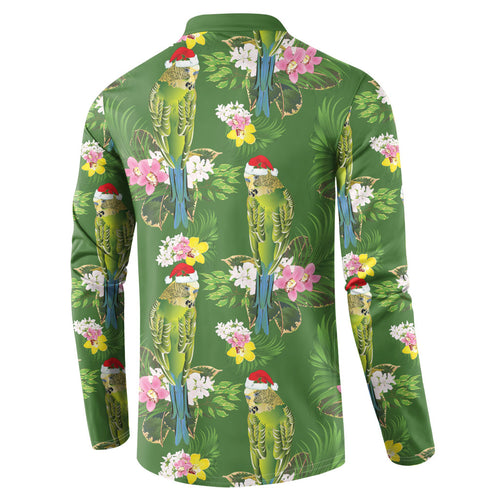 Aussie Santa Budgie Christmas Button Sweatshirt Green Parakeet Tropical Floral