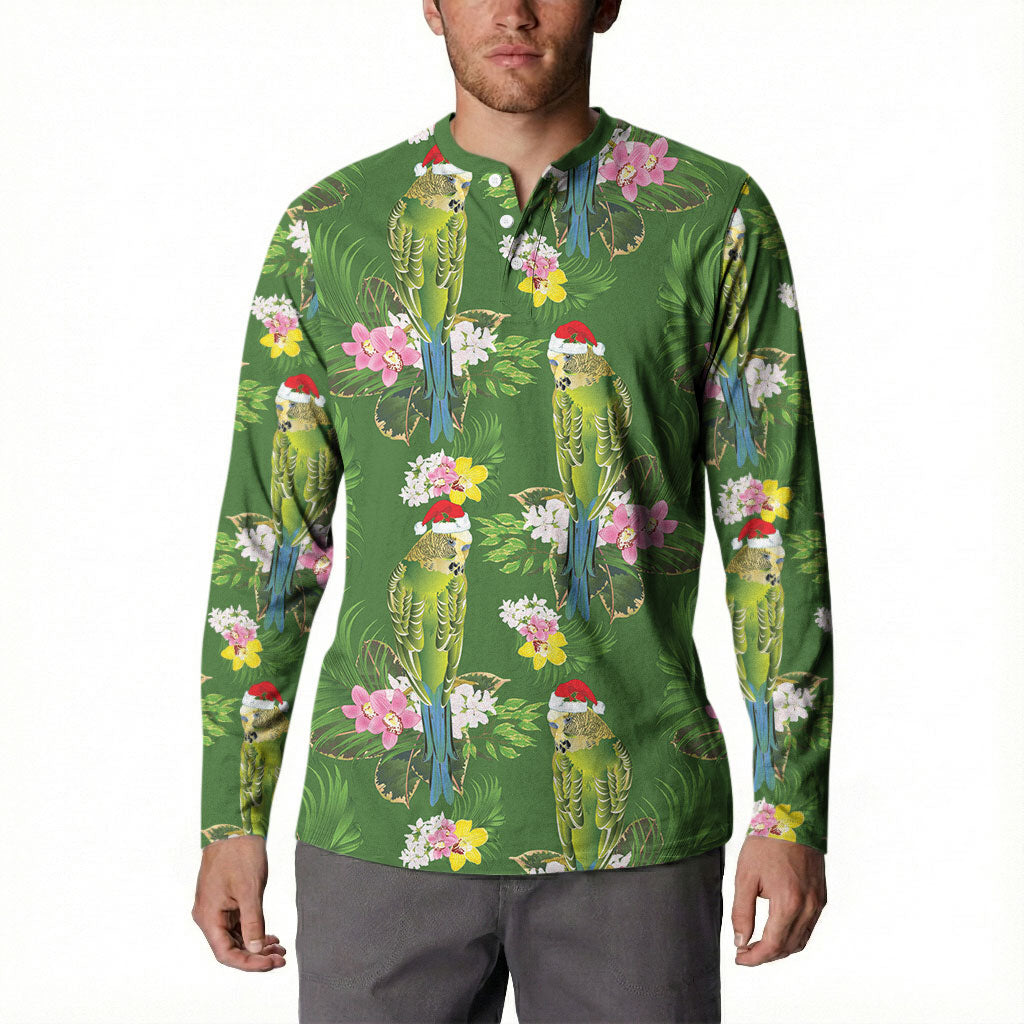 Aussie Santa Budgie Christmas Button Sweatshirt Green Parakeet Tropical Floral