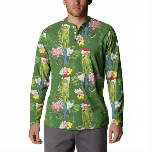 Aussie Santa Budgie Christmas Button Sweatshirt Green Parakeet Tropical Floral