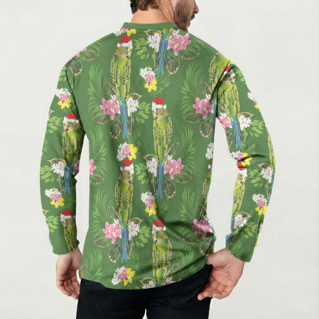 Aussie Santa Budgie Christmas Button Sweatshirt Green Parakeet Tropical Floral