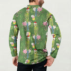 Aussie Santa Budgie Christmas Button Sweatshirt Green Parakeet Tropical Floral