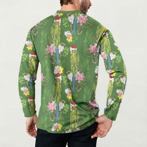 Aussie Santa Budgie Christmas Button Sweatshirt Green Parakeet Tropical Floral
