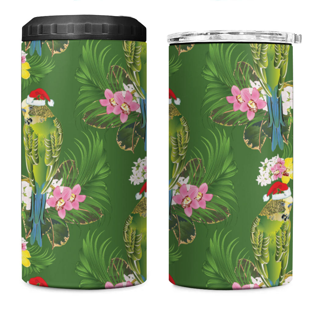 Aussie Santa Budgie Christmas 4 in 1 Can Cooler Tumbler Green Parakeet Tropical Floral