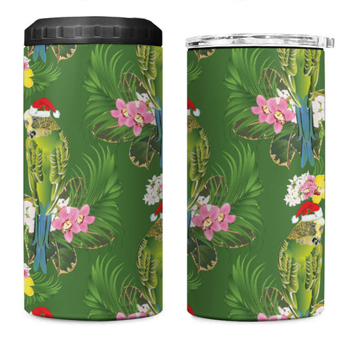 Aussie Santa Budgie Christmas 4 in 1 Can Cooler Tumbler Green Parakeet Tropical Floral