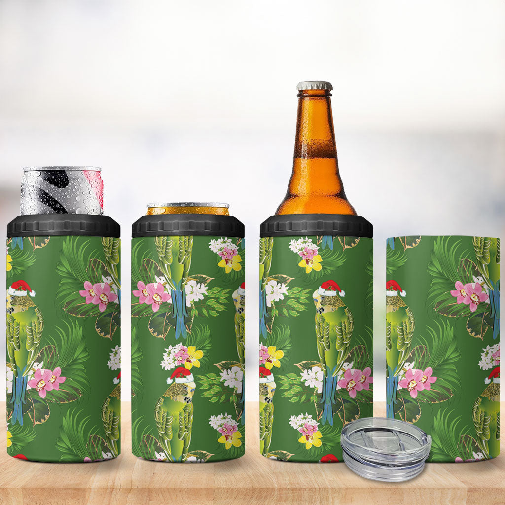 Aussie Santa Budgie Christmas 4 in 1 Can Cooler Tumbler Green Parakeet Tropical Floral