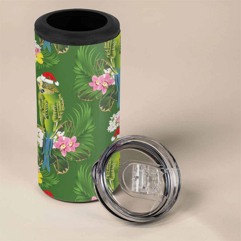 Aussie Santa Budgie Christmas 4 in 1 Can Cooler Tumbler Green Parakeet Tropical Floral