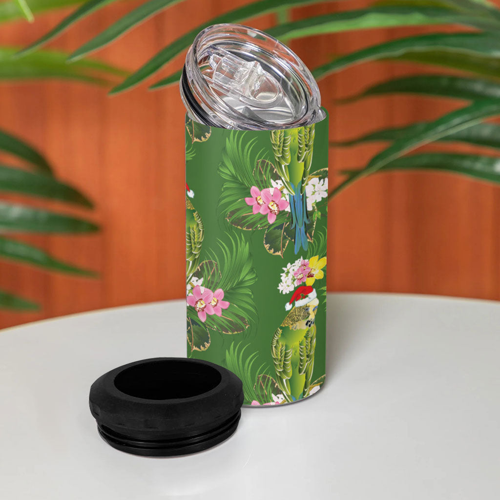 Aussie Santa Budgie Christmas 4 in 1 Can Cooler Tumbler Green Parakeet Tropical Floral