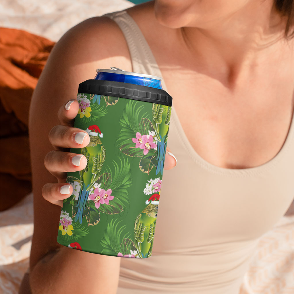 Aussie Santa Budgie Christmas 4 in 1 Can Cooler Tumbler Green Parakeet Tropical Floral