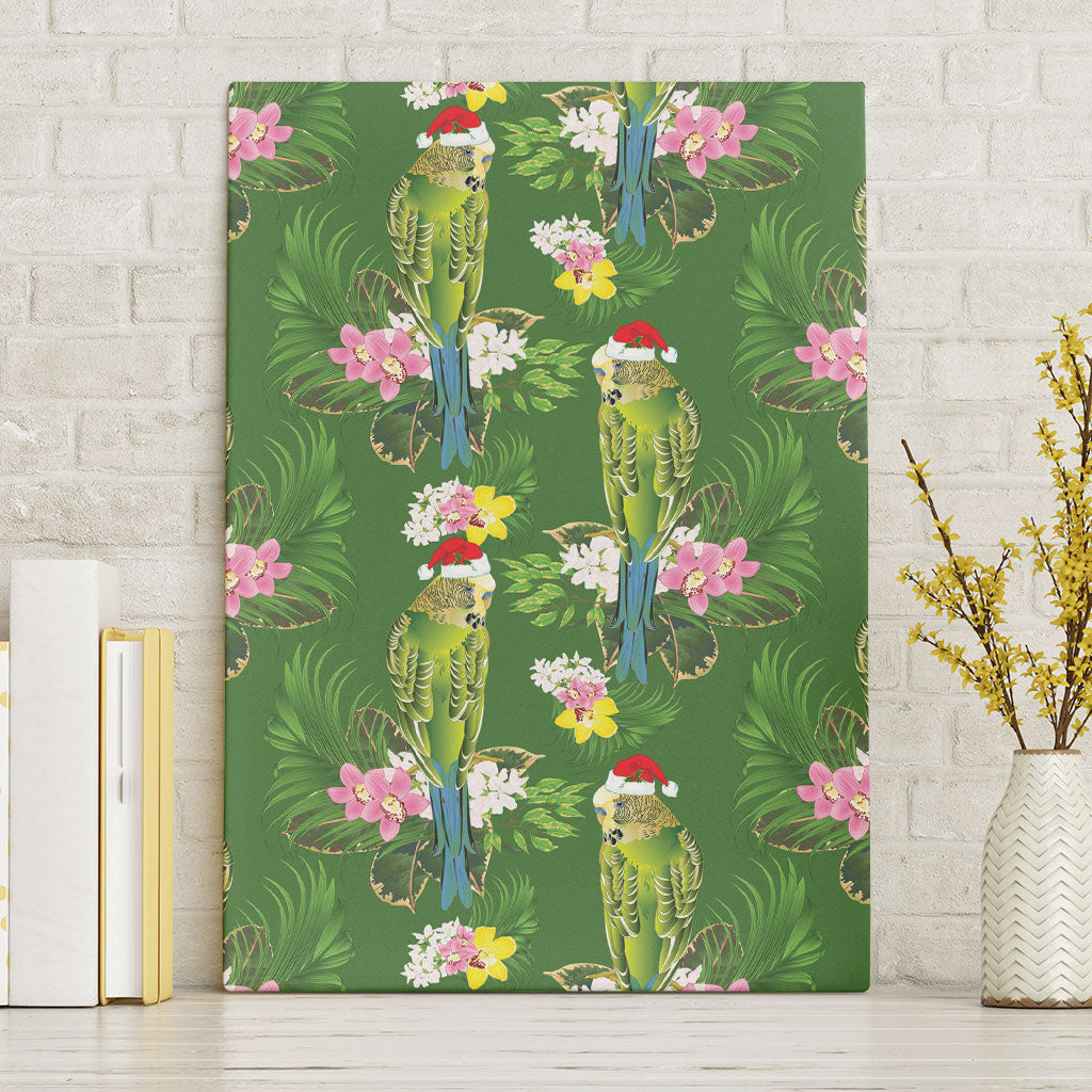 Aussie Santa Budgie Christmas Canvas Wall Art Green Parakeet Tropical Floral