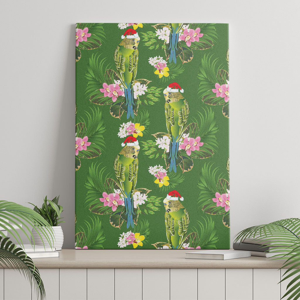 Aussie Santa Budgie Christmas Canvas Wall Art Green Parakeet Tropical Floral