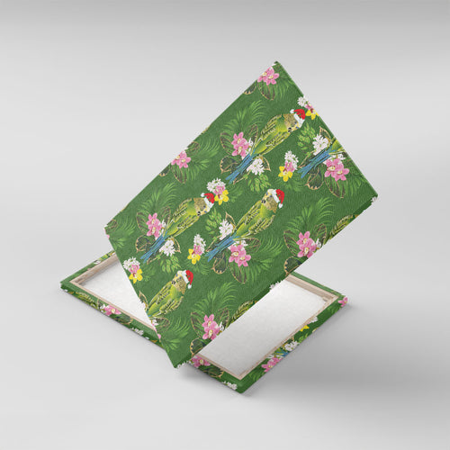 Aussie Santa Budgie Christmas Canvas Wall Art Green Parakeet Tropical Floral