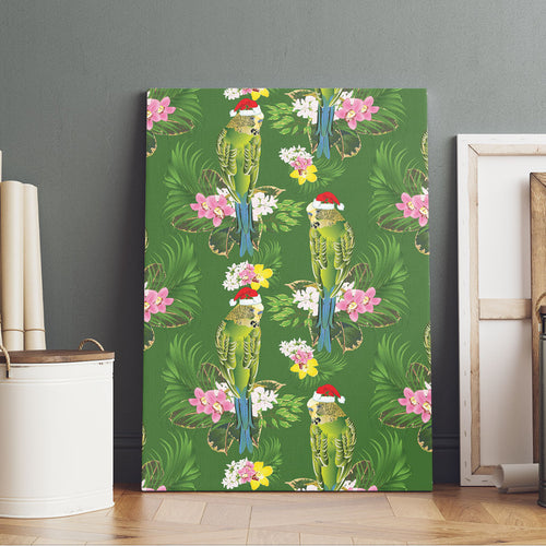 Aussie Santa Budgie Christmas Canvas Wall Art Green Parakeet Tropical Floral