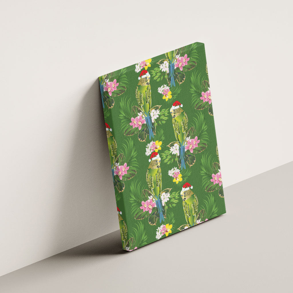 Aussie Santa Budgie Christmas Canvas Wall Art Green Parakeet Tropical Floral