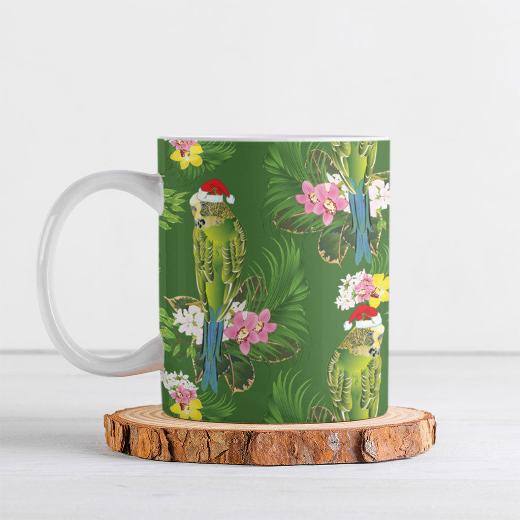 Aussie Santa Budgie Christmas Ceramic Mug Green Parakeet Tropical Floral