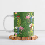 Aussie Santa Budgie Christmas Ceramic Mug Green Parakeet Tropical Floral