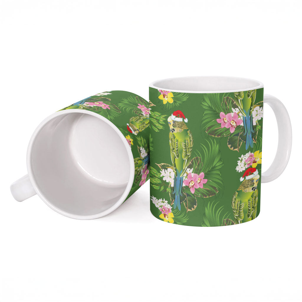 Aussie Santa Budgie Christmas Ceramic Mug Green Parakeet Tropical Floral