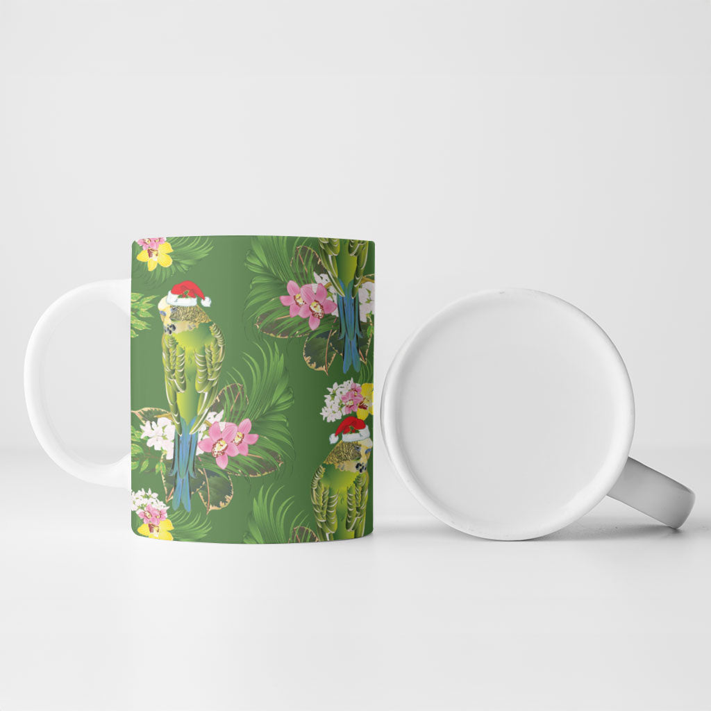 Aussie Santa Budgie Christmas Ceramic Mug Green Parakeet Tropical Floral