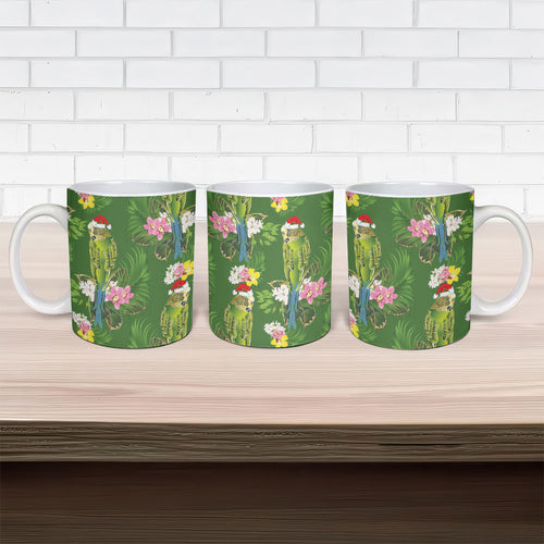 Aussie Santa Budgie Christmas Ceramic Mug Green Parakeet Tropical Floral