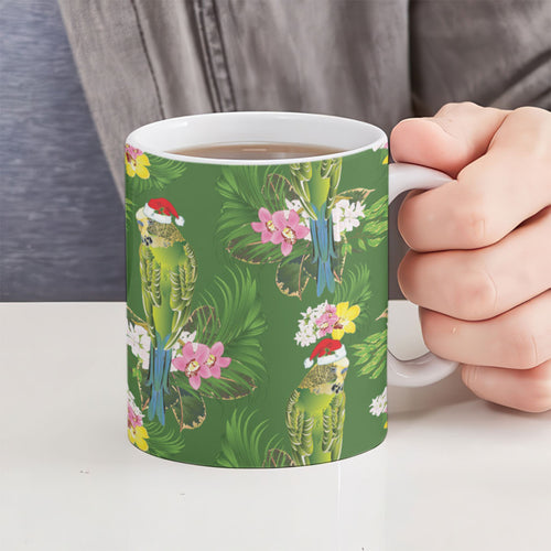 Aussie Santa Budgie Christmas Ceramic Mug Green Parakeet Tropical Floral