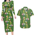 Aussie Santa Budgie Christmas Couples Matching Long Sleeve Bodycon Dress and Hawaiian Shirt Green Parakeet Tropical Floral