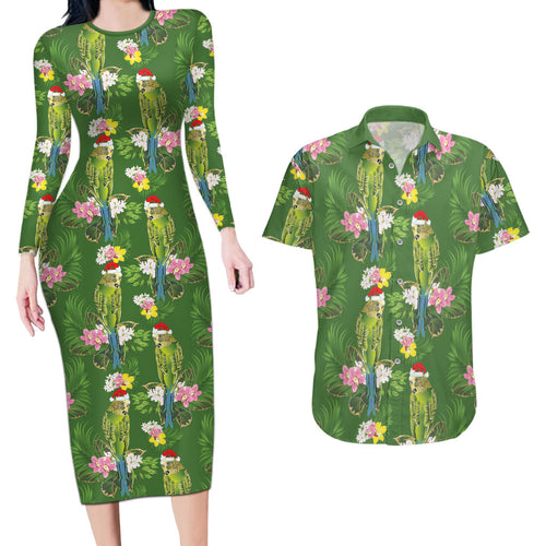 Aussie Santa Budgie Christmas Couples Matching Long Sleeve Bodycon Dress and Hawaiian Shirt Green Parakeet Tropical Floral