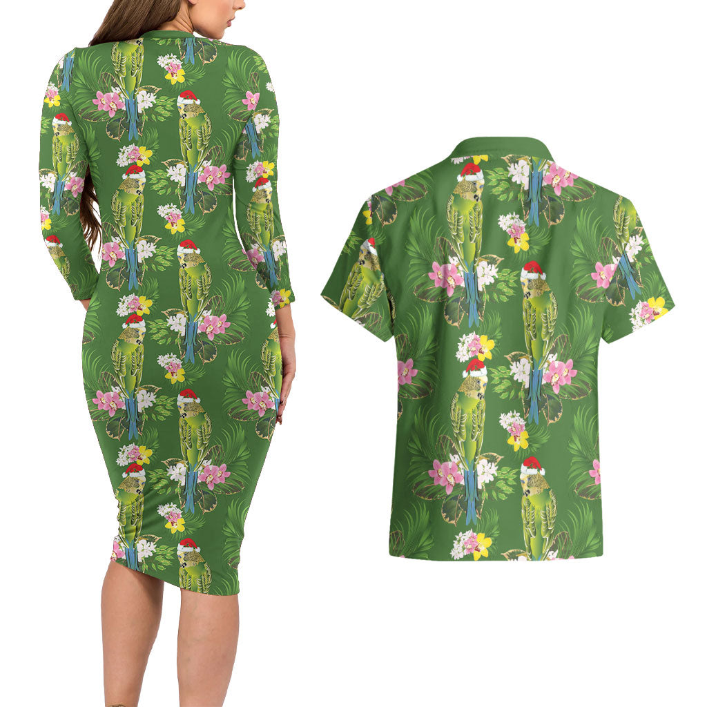 Aussie Santa Budgie Christmas Couples Matching Long Sleeve Bodycon Dress and Hawaiian Shirt Green Parakeet Tropical Floral