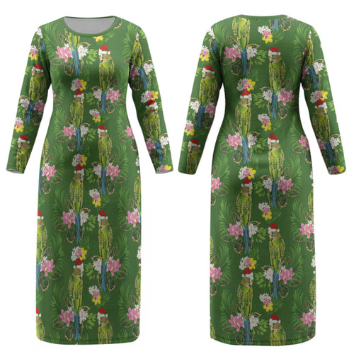 Aussie Santa Budgie Christmas Couples Matching Long Sleeve Bodycon Dress and Hawaiian Shirt Green Parakeet Tropical Floral LT9