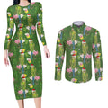 Aussie Santa Budgie Christmas Couples Matching Long Sleeve Bodycon Dress and Long Sleeve Button Shirt Green Parakeet Tropical Floral