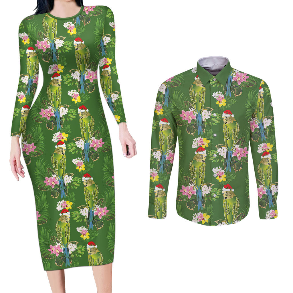 Aussie Santa Budgie Christmas Couples Matching Long Sleeve Bodycon Dress and Long Sleeve Button Shirt Green Parakeet Tropical Floral
