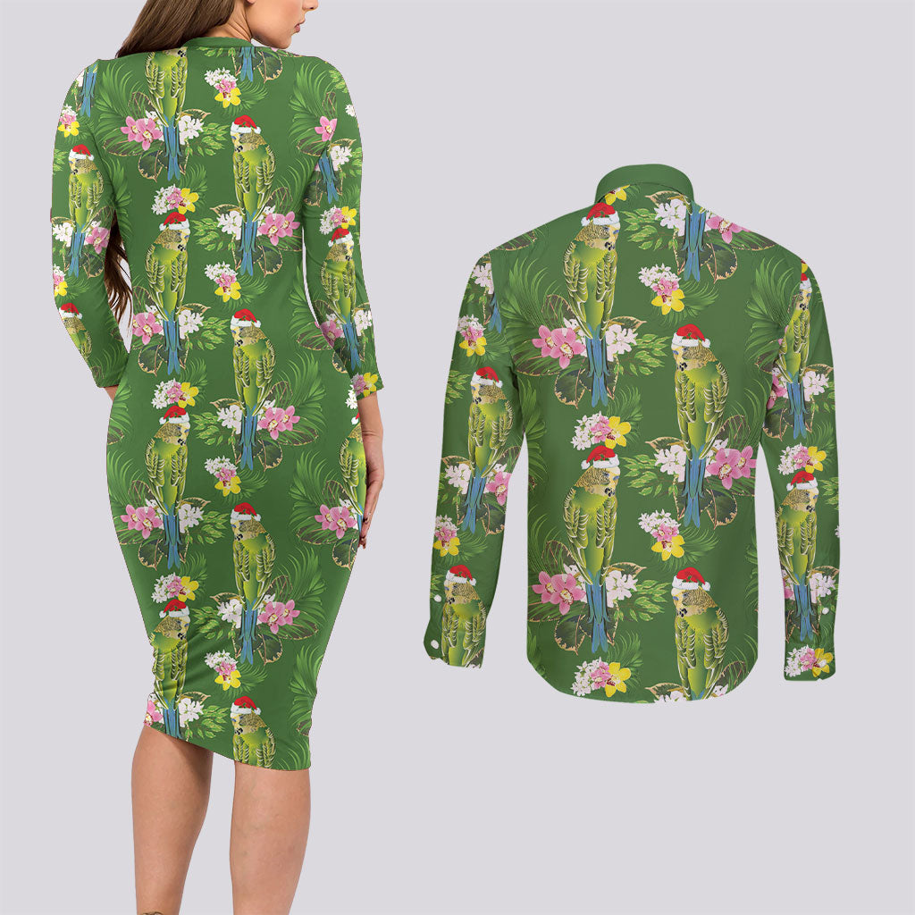 Aussie Santa Budgie Christmas Couples Matching Long Sleeve Bodycon Dress and Long Sleeve Button Shirt Green Parakeet Tropical Floral