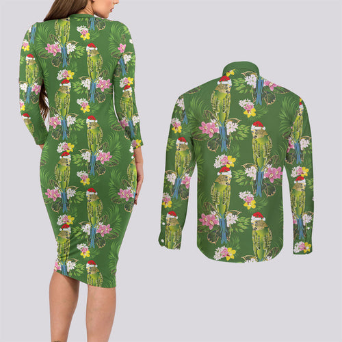 Aussie Santa Budgie Christmas Couples Matching Long Sleeve Bodycon Dress and Long Sleeve Button Shirt Green Parakeet Tropical Floral