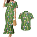 Aussie Santa Budgie Christmas Couples Matching Mermaid Dress and Hawaiian Shirt Green Parakeet Tropical Floral