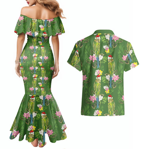 Aussie Santa Budgie Christmas Couples Matching Mermaid Dress and Hawaiian Shirt Green Parakeet Tropical Floral