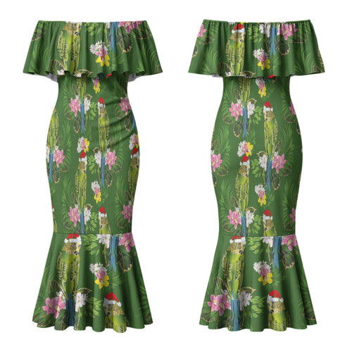 Aussie Santa Budgie Christmas Couples Matching Mermaid Dress and Hawaiian Shirt Green Parakeet Tropical Floral LT9