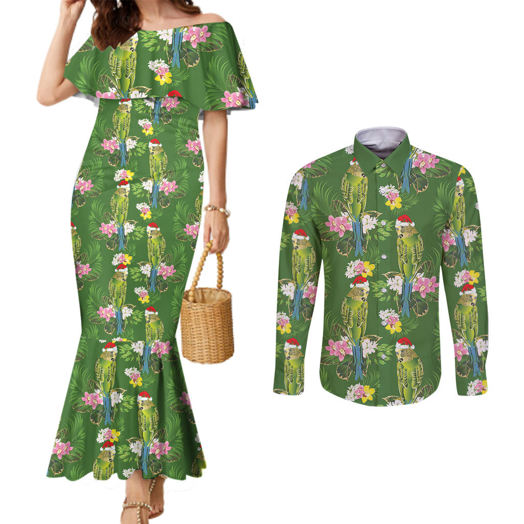 Aussie Santa Budgie Christmas Couples Matching Mermaid Dress and Long Sleeve Button Shirt Green Parakeet Tropical Floral