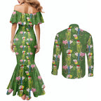 Aussie Santa Budgie Christmas Couples Matching Mermaid Dress and Long Sleeve Button Shirt Green Parakeet Tropical Floral