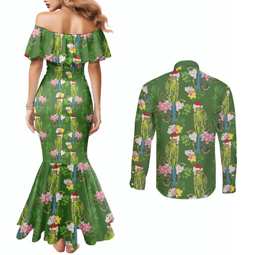 Aussie Santa Budgie Christmas Couples Matching Mermaid Dress and Long Sleeve Button Shirt Green Parakeet Tropical Floral