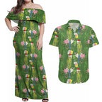 Aussie Santa Budgie Christmas Couples Matching Off Shoulder Maxi Dress and Hawaiian Shirt Green Parakeet Tropical Floral