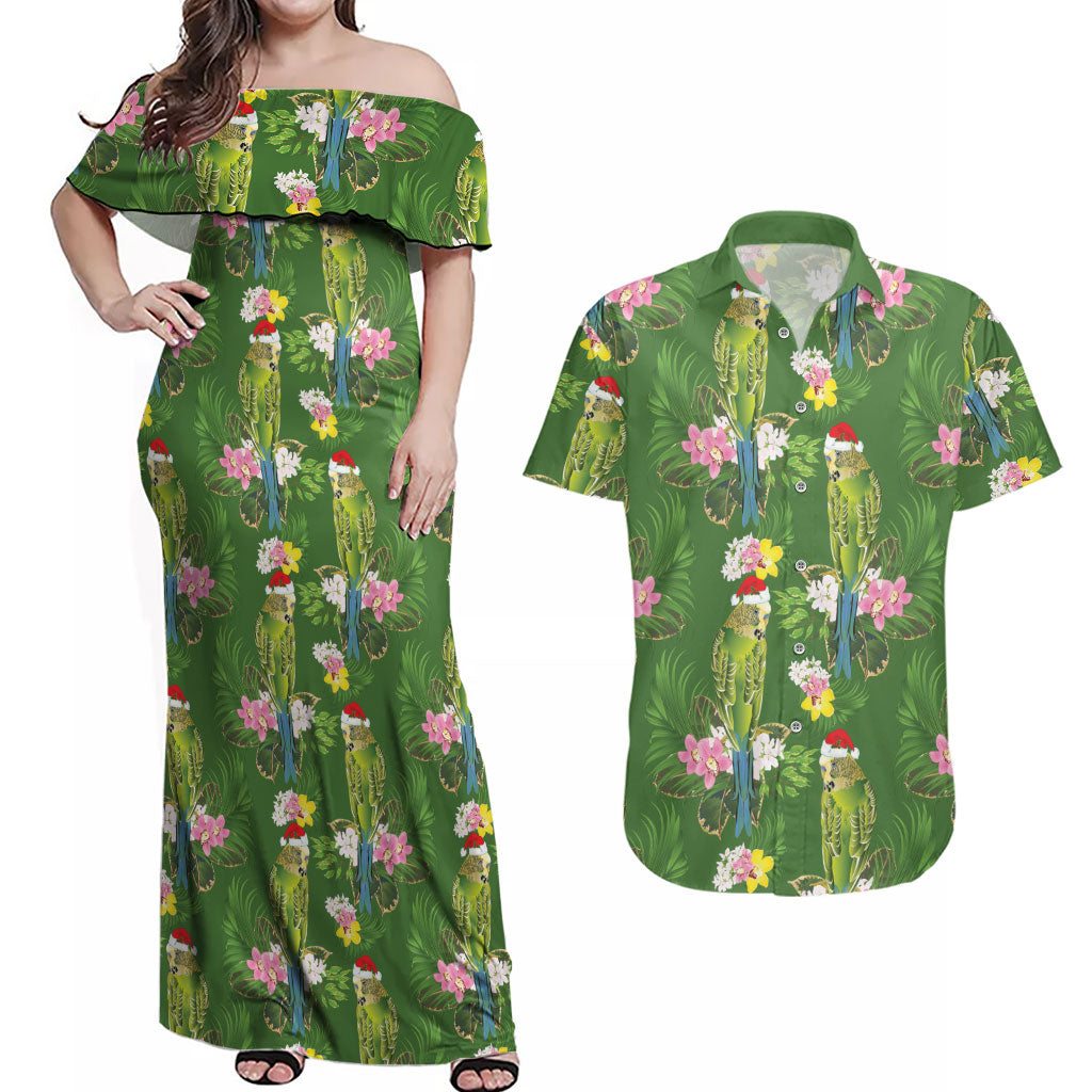 Aussie Santa Budgie Christmas Couples Matching Off Shoulder Maxi Dress and Hawaiian Shirt Green Parakeet Tropical Floral