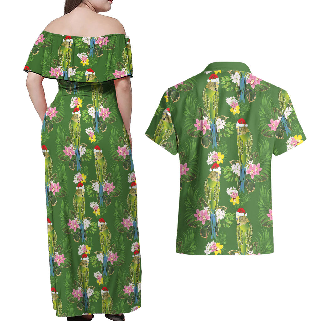 Aussie Santa Budgie Christmas Couples Matching Off Shoulder Maxi Dress and Hawaiian Shirt Green Parakeet Tropical Floral
