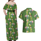 Aussie Santa Budgie Christmas Couples Matching Off Shoulder Maxi Dress and Hawaiian Shirt Green Parakeet Tropical Floral