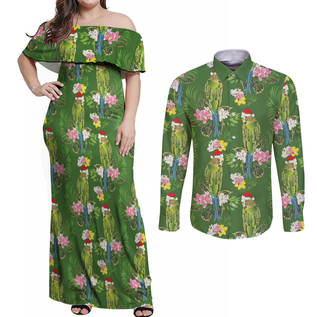 Aussie Santa Budgie Christmas Couples Matching Off Shoulder Maxi Dress and Long Sleeve Button Shirt Green Parakeet Tropical Floral
