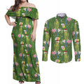 Aussie Santa Budgie Christmas Couples Matching Off Shoulder Maxi Dress and Long Sleeve Button Shirt Green Parakeet Tropical Floral