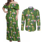 Aussie Santa Budgie Christmas Couples Matching Off Shoulder Maxi Dress and Long Sleeve Button Shirt Green Parakeet Tropical Floral